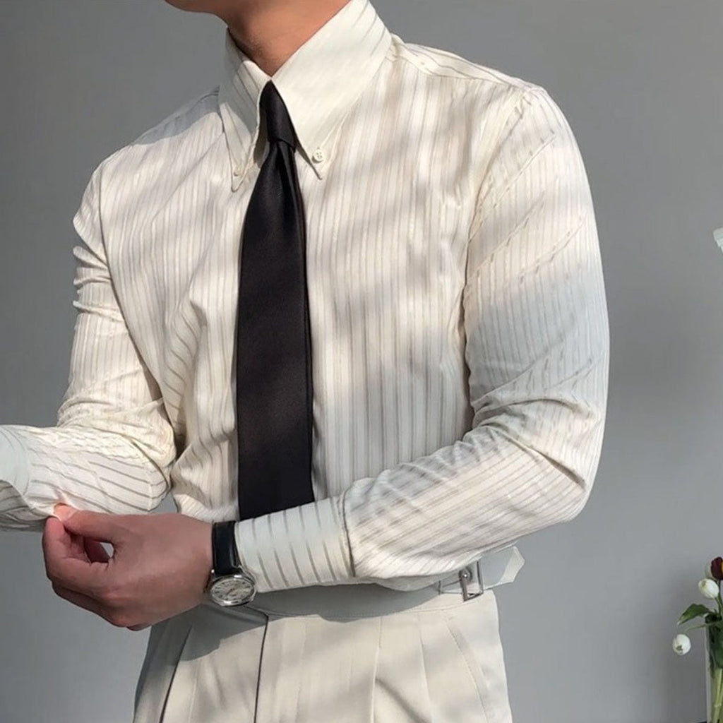 Camisa hombre manga larga textura rayas verticales cuello abotonado versátil - Matteo