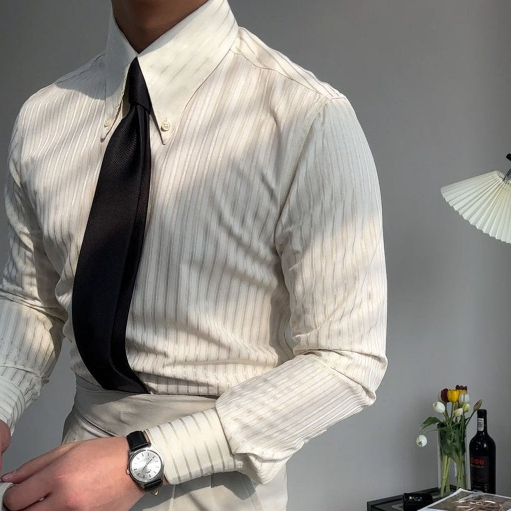 Camisa hombre manga larga textura rayas verticales cuello abotonado versátil - Matteo