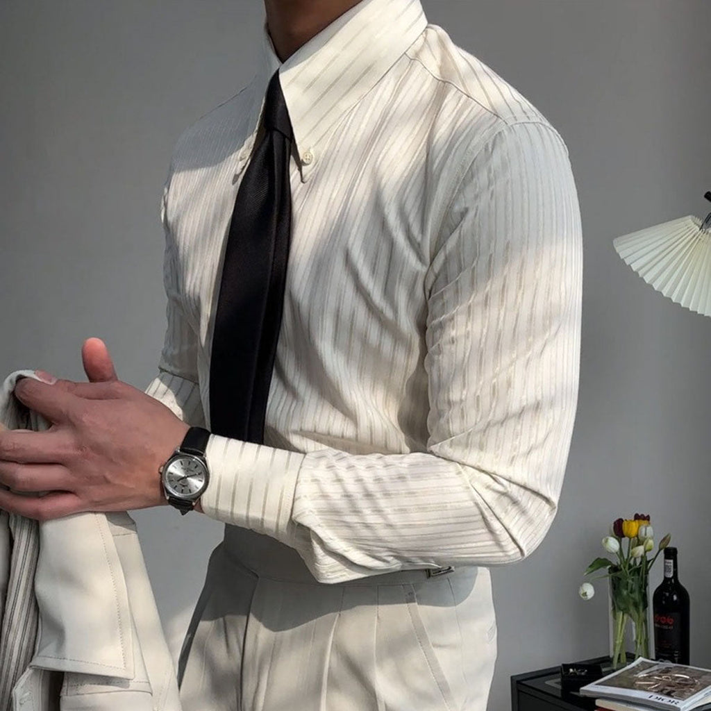 Camisa hombre manga larga textura rayas verticales cuello abotonado versátil - Matteo