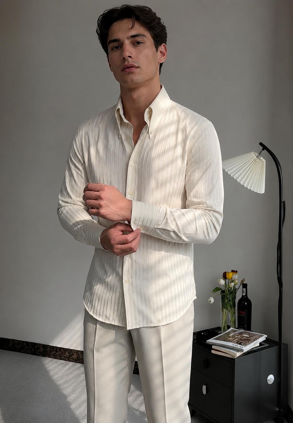 Camisa hombre manga larga textura rayas verticales cuello abotonado versátil - Matteo