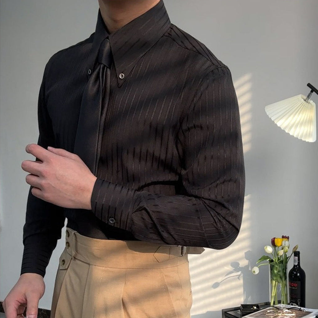 Camisa hombre manga larga textura rayas verticales cuello abotonado versátil - Matteo