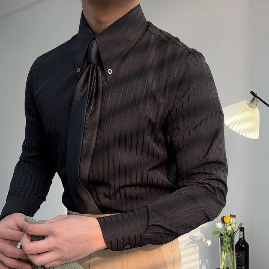 Camisa hombre manga larga textura rayas verticales cuello abotonado versátil - Matteo