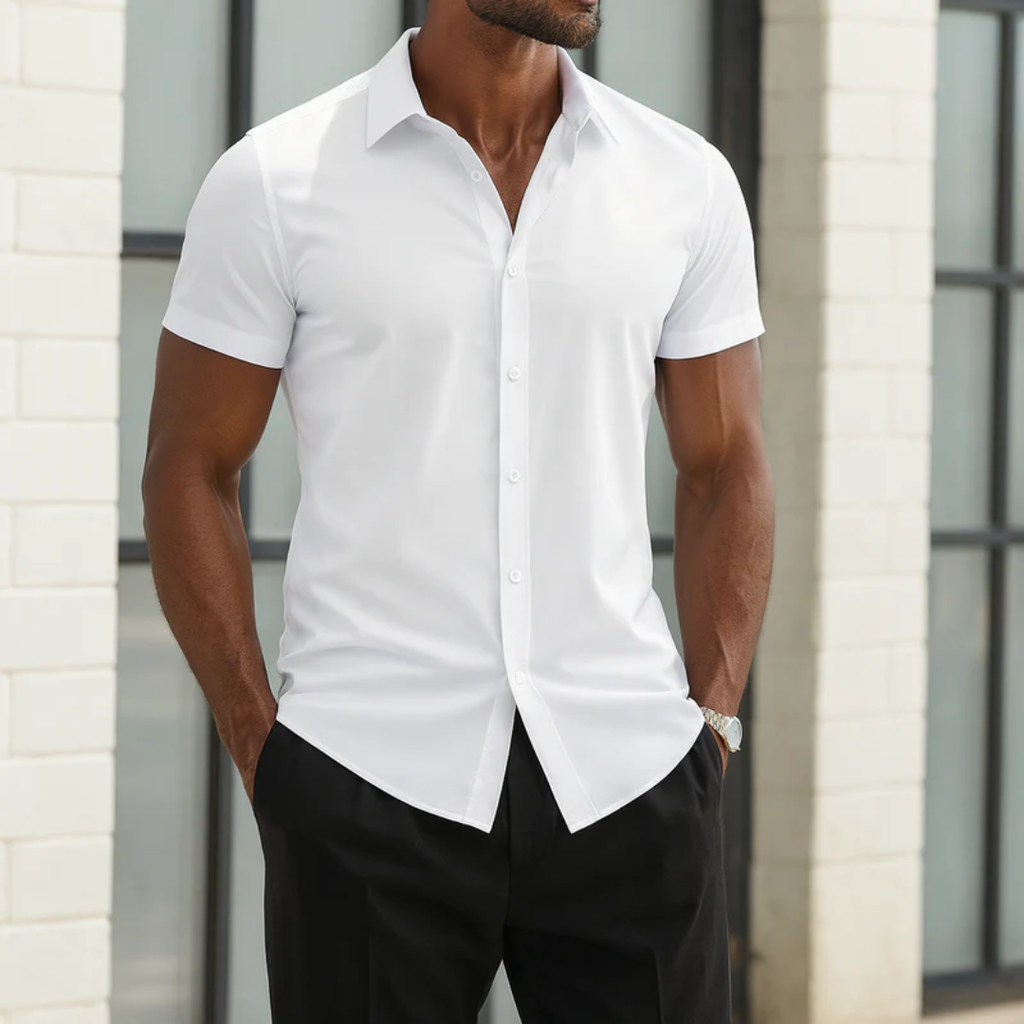 Camisa hombre manga corta lisa cuello camisero botonadura frontal entallada - Clemens