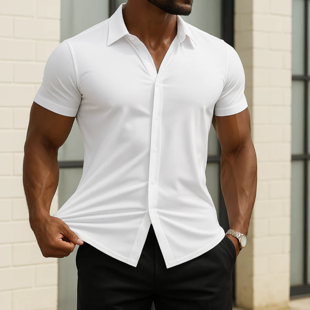 Camisa hombre manga corta lisa cuello camisero botonadura frontal entallada - Clemens