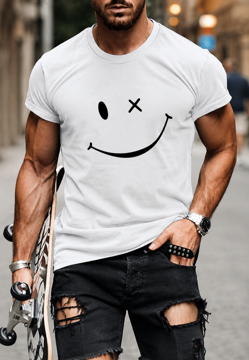 Camiseta hombre manga corta estampado gráfico frontal smiley casual urbano - Björn