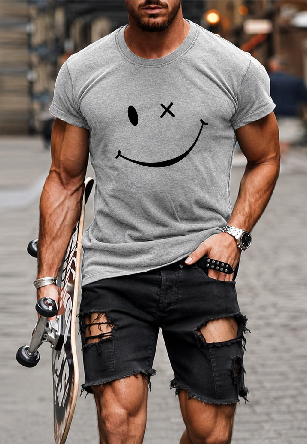 Camiseta hombre manga corta estampado gráfico frontal smiley casual urbano - Björn