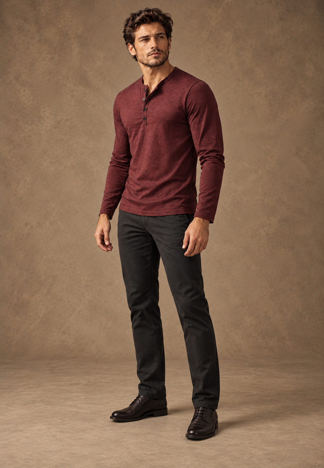 Camiseta hombre manga larga cuello panadero jaspeada botones textura - Bastian