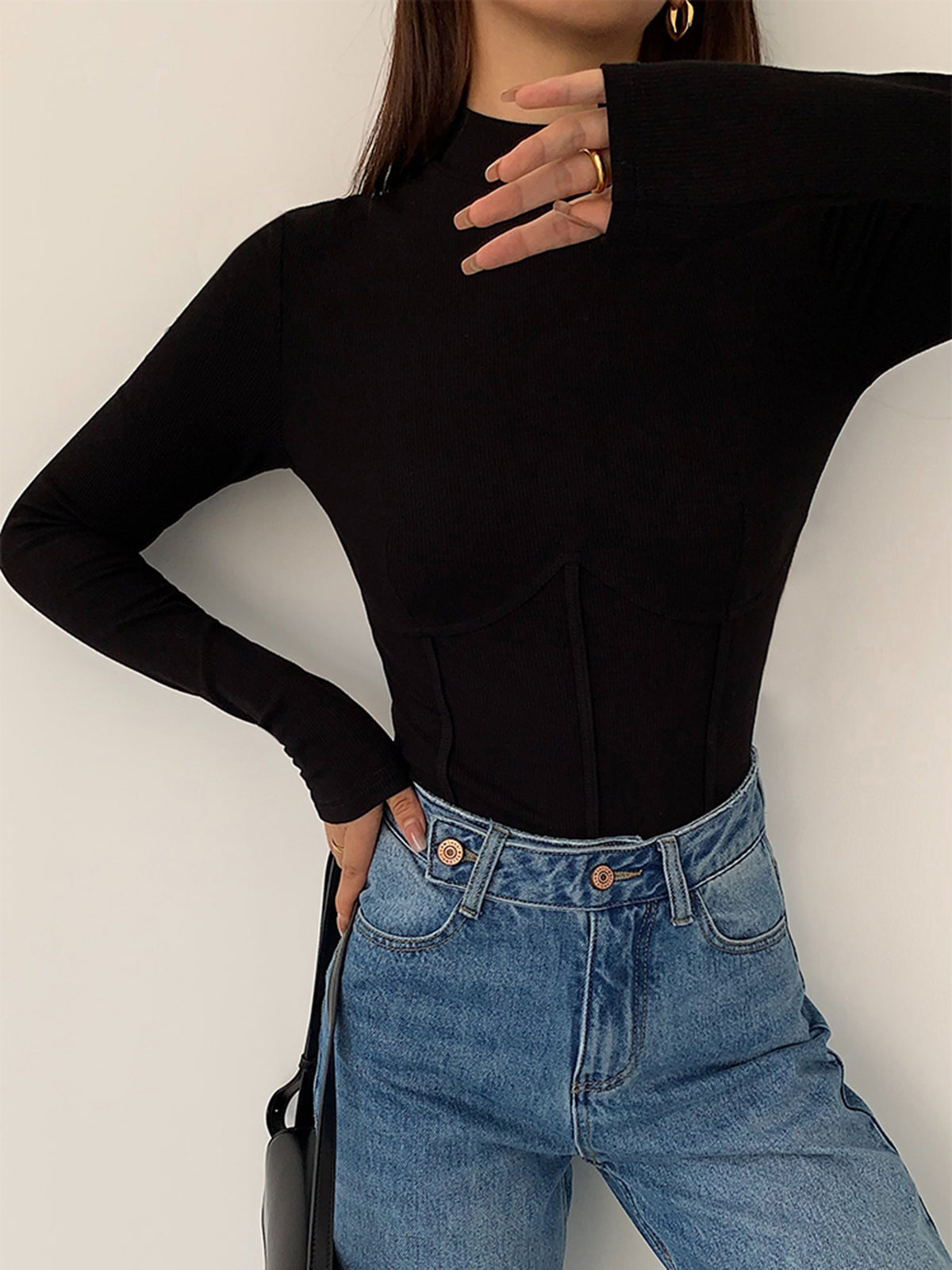 Top mujer manga larga cuello alto canalé detalle corsé costura curva - Annelie