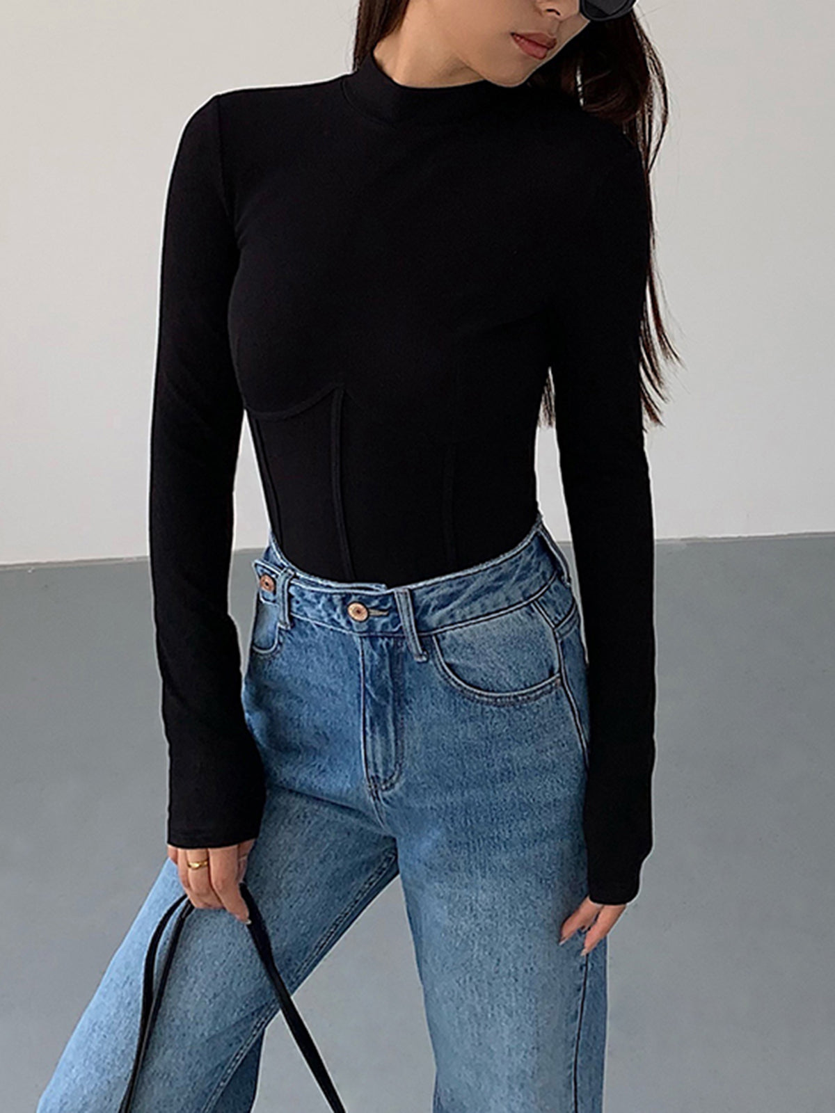 Top mujer manga larga cuello alto canalé detalle corsé costura curva - Annelie