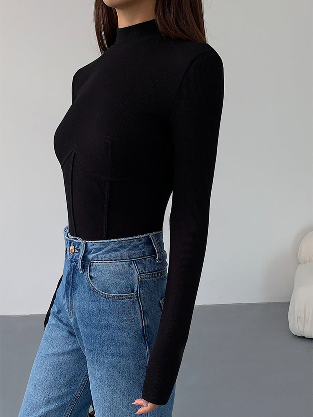 Top mujer manga larga cuello alto canalé detalle corsé costura curva - Annelie