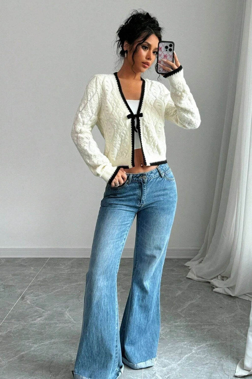 Cárdigan mujer punto calado corto escote pico lazada ribetes contraste rombos - Mila