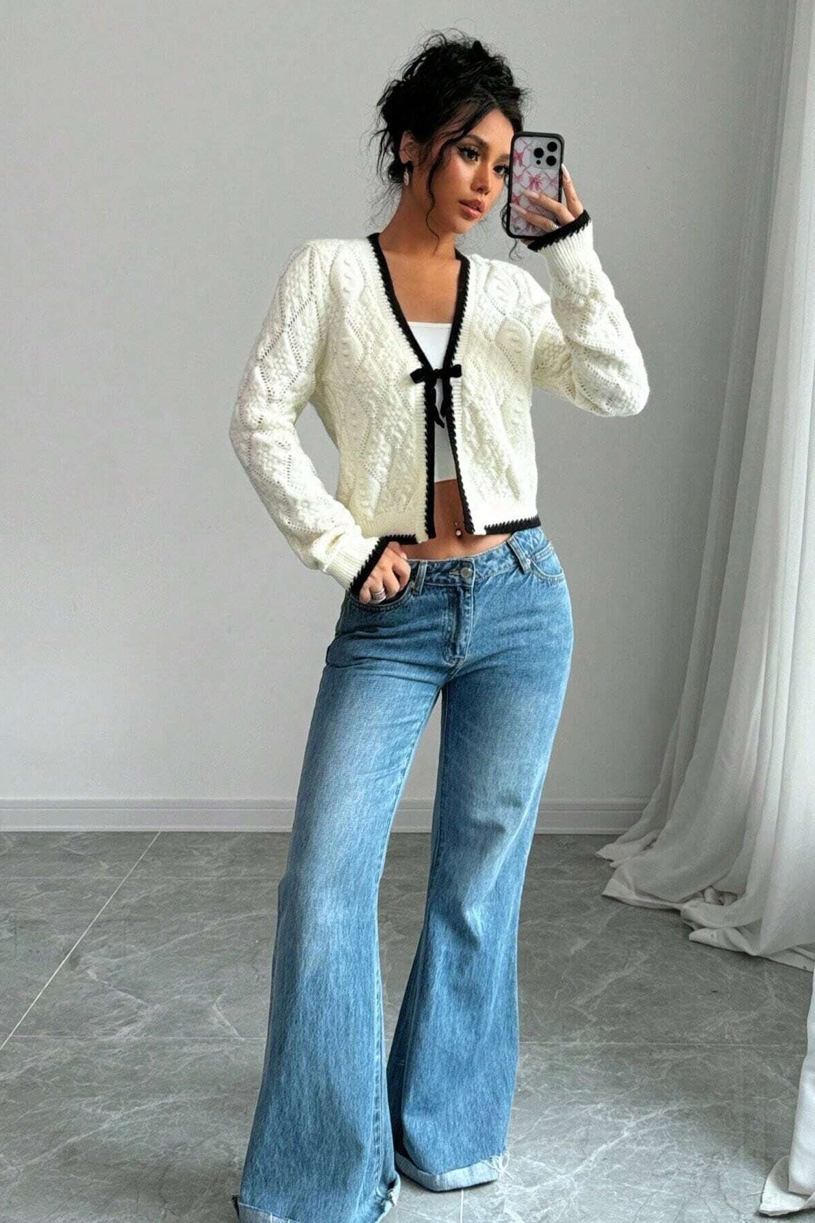 Cárdigan mujer punto calado corto escote pico lazada ribetes contraste rombos - Mila