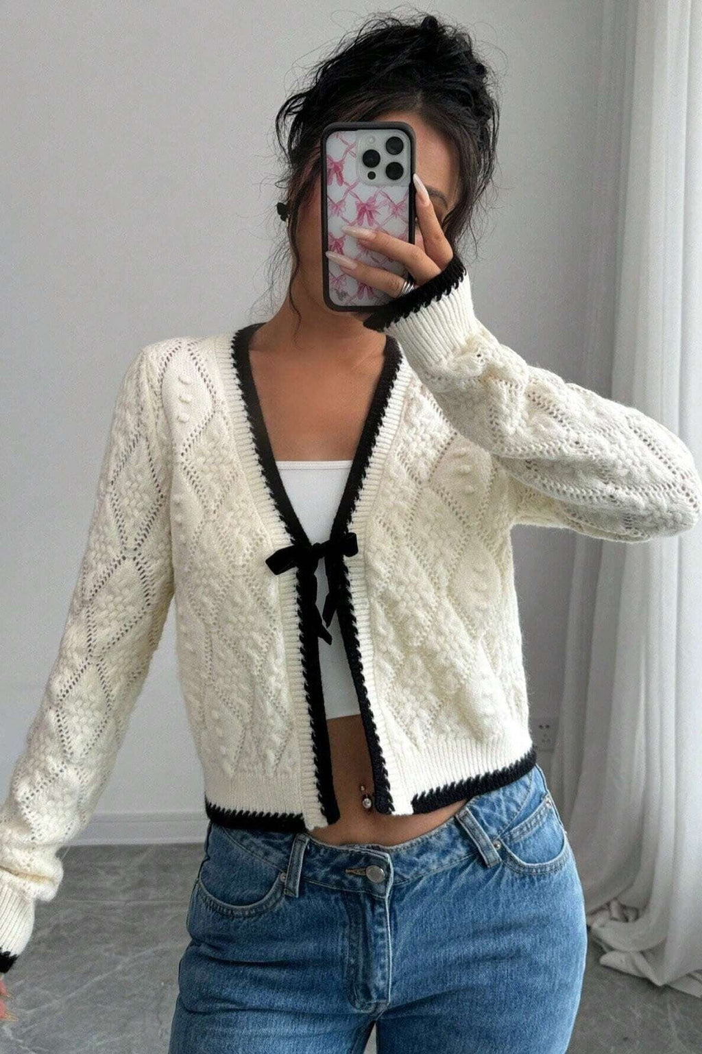 Cárdigan mujer punto calado corto escote pico lazada ribetes contraste rombos - Mila