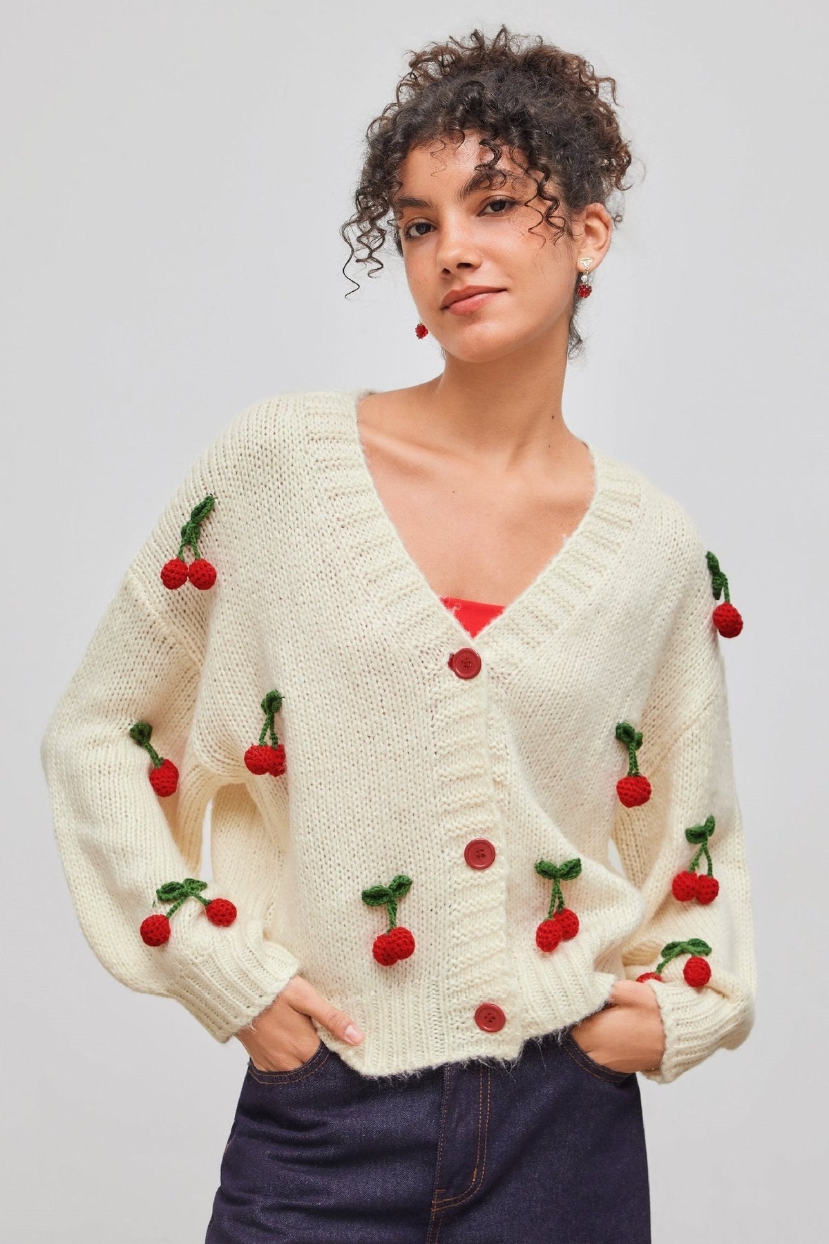 Cárdigan mujer punto holgado escote pico apliques cerezas relieve botones - Frieda