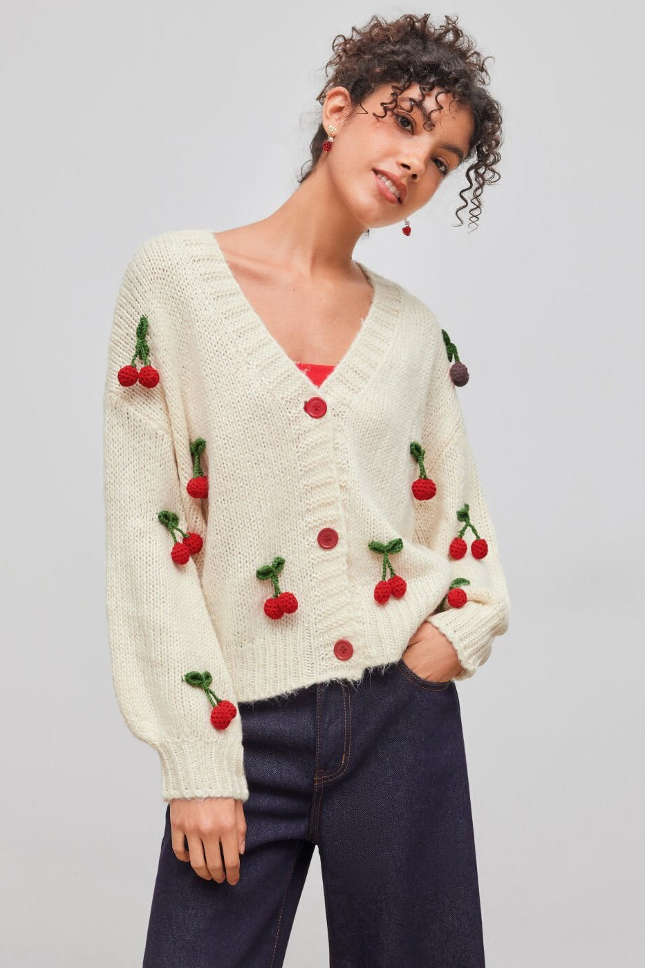 Cárdigan mujer punto holgado escote pico apliques cerezas relieve botones - Frieda