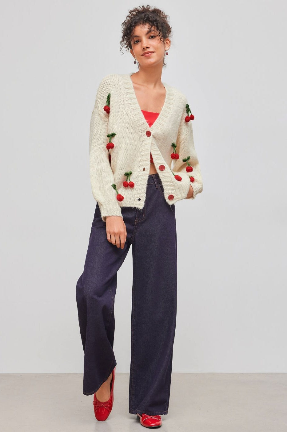 Cárdigan mujer punto holgado escote pico apliques cerezas relieve botones - Frieda