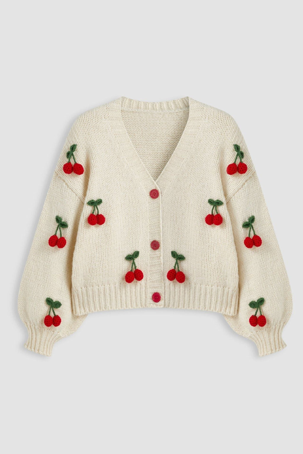 Cárdigan mujer punto holgado escote pico apliques cerezas relieve botones - Frieda