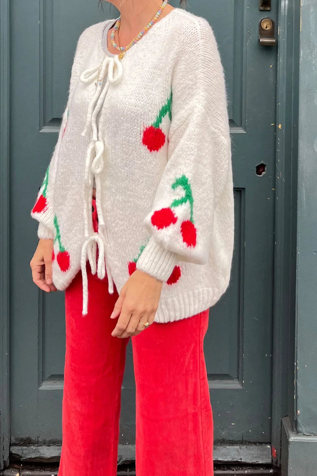 Cárdigan mujer mezcla mohair lazadas frontales cerezas holgado suave - Fenja