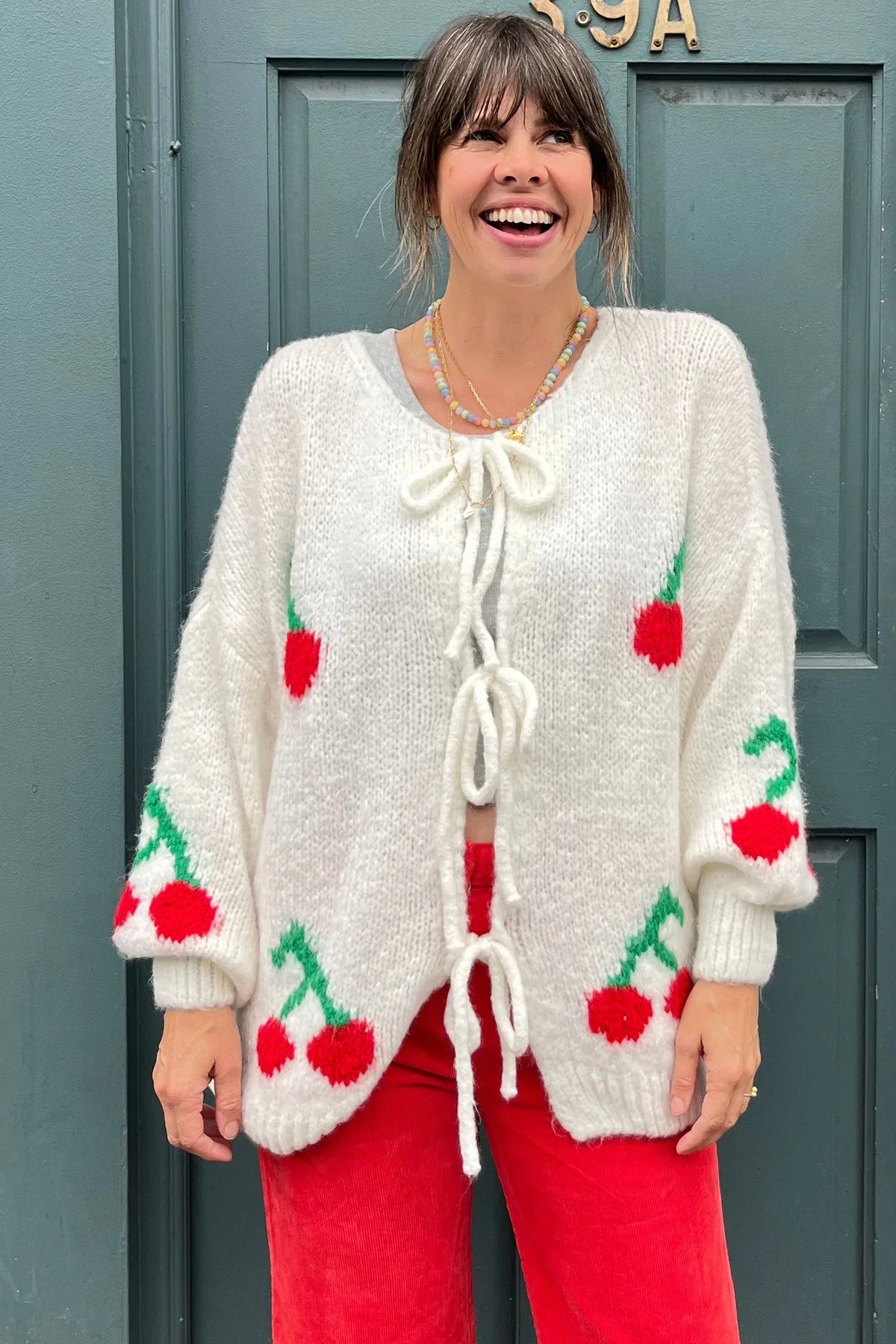 Cárdigan mujer mezcla mohair lazadas frontales cerezas holgado suave - Fenja