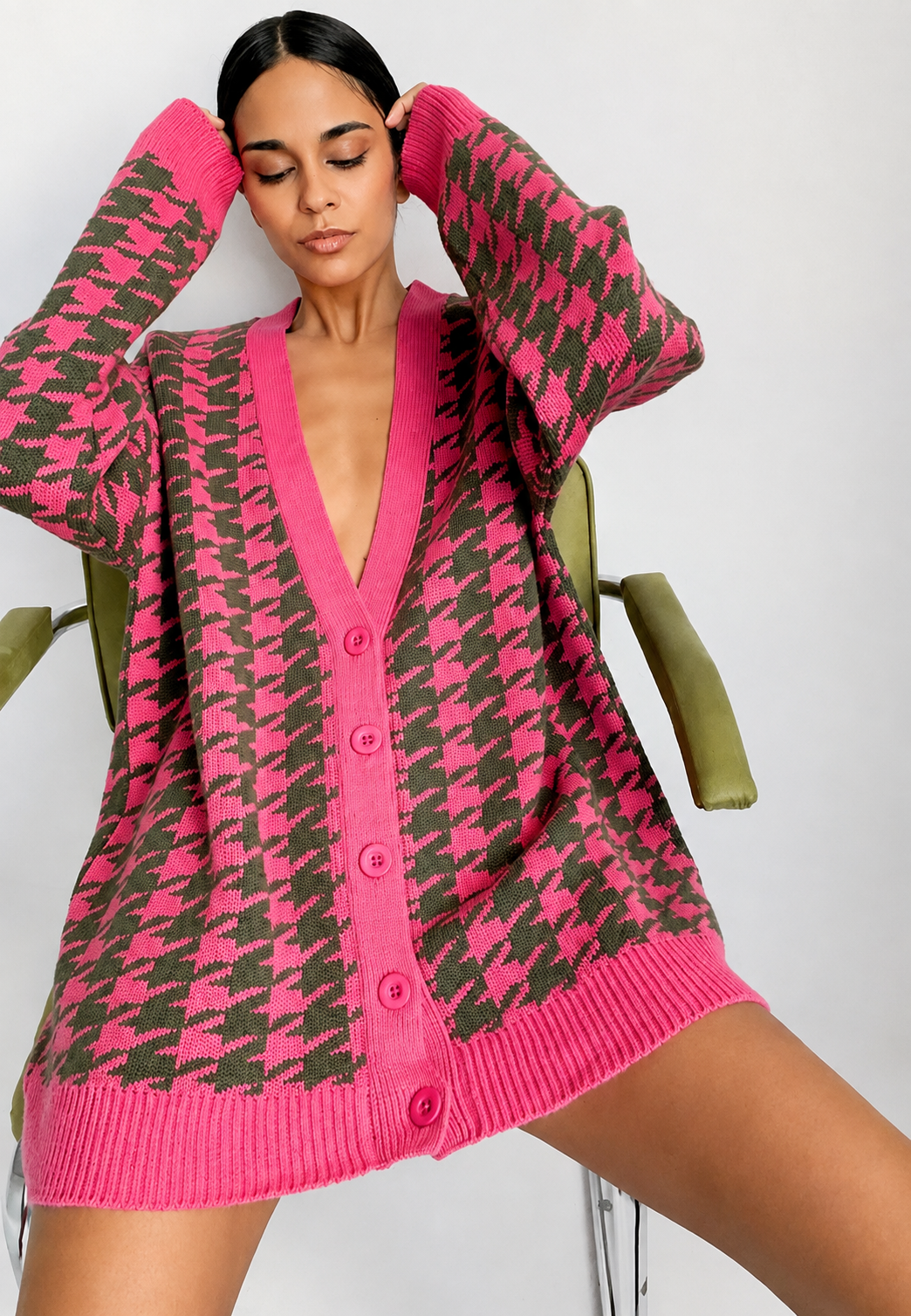 Cárdigan oversize mujer punto estampado escote pico botones vivos contraste - Elena