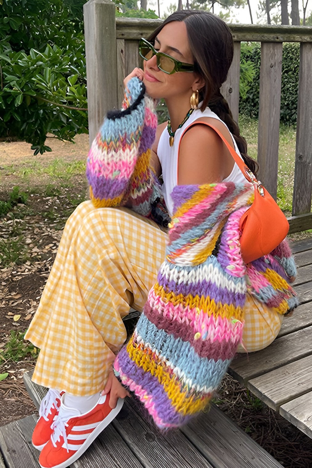 Cárdigan oversize mujer punto grueso rayas multicolor abierto motivos geométricos - Tifanny