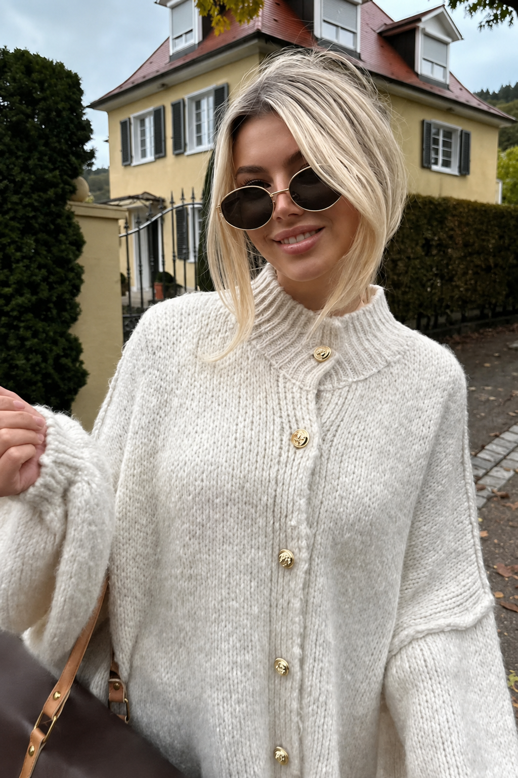 Cárdigan oversize mujer punto grueso cuello alto botones metálicos cálido - Koranna