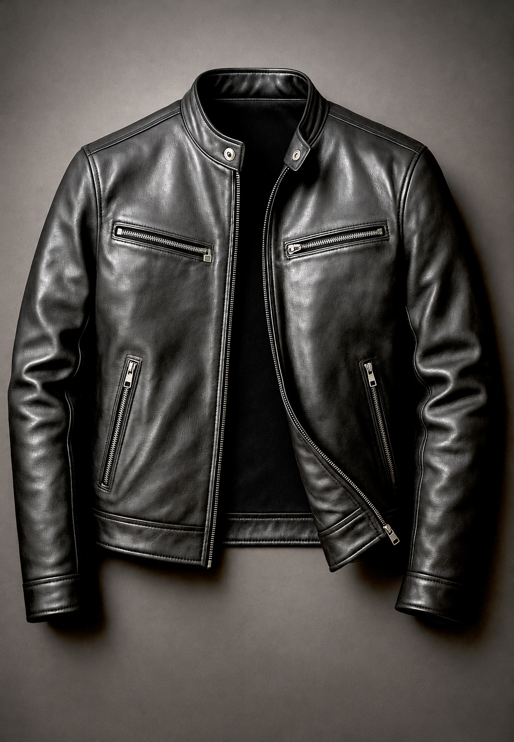 Cazadora biker hombre efecto piel cuello mao cuatro bolsillos cremallera corta - Kaelor