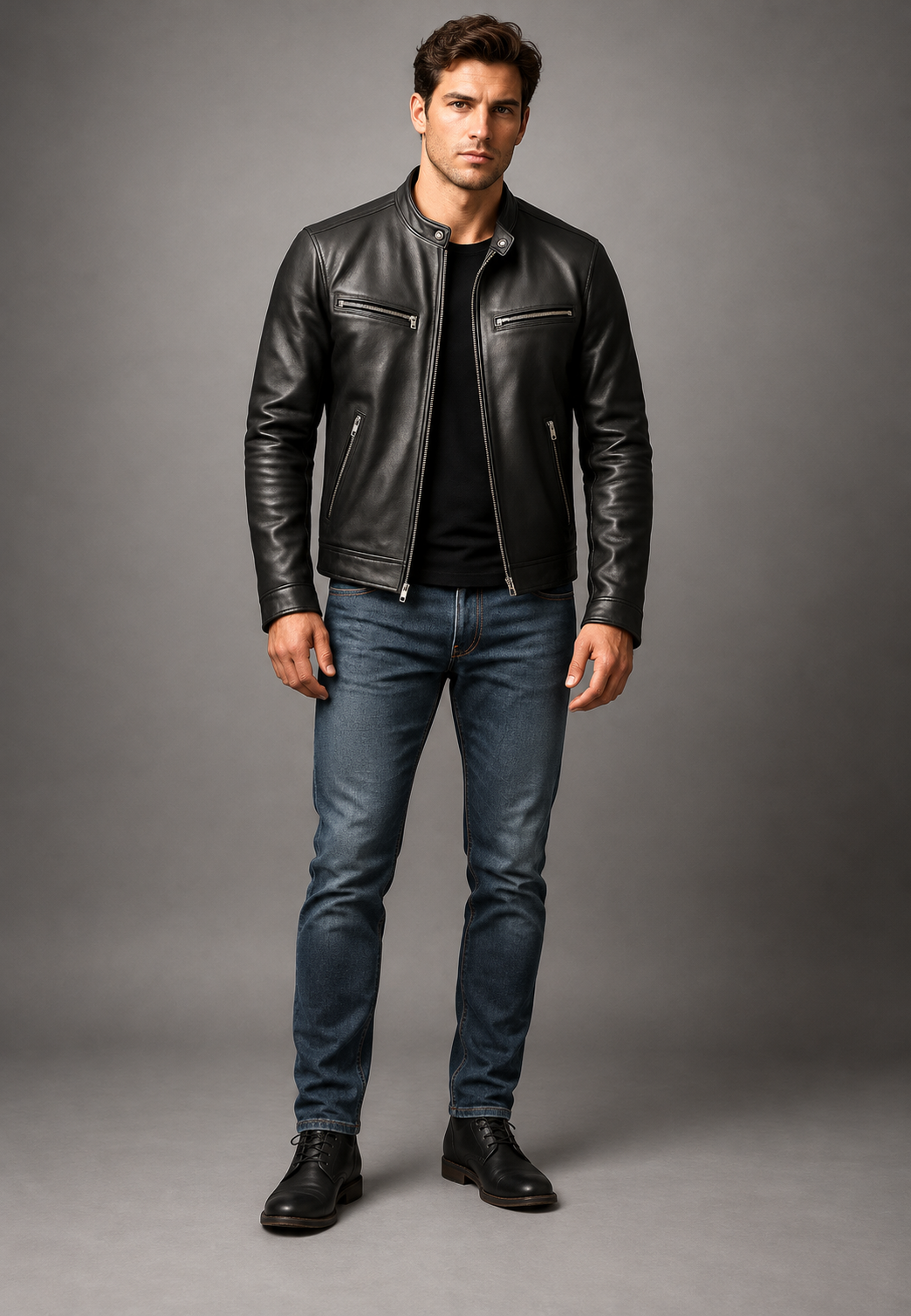 Cazadora biker hombre efecto piel cuello mao cuatro bolsillos cremallera corta - Kaelor