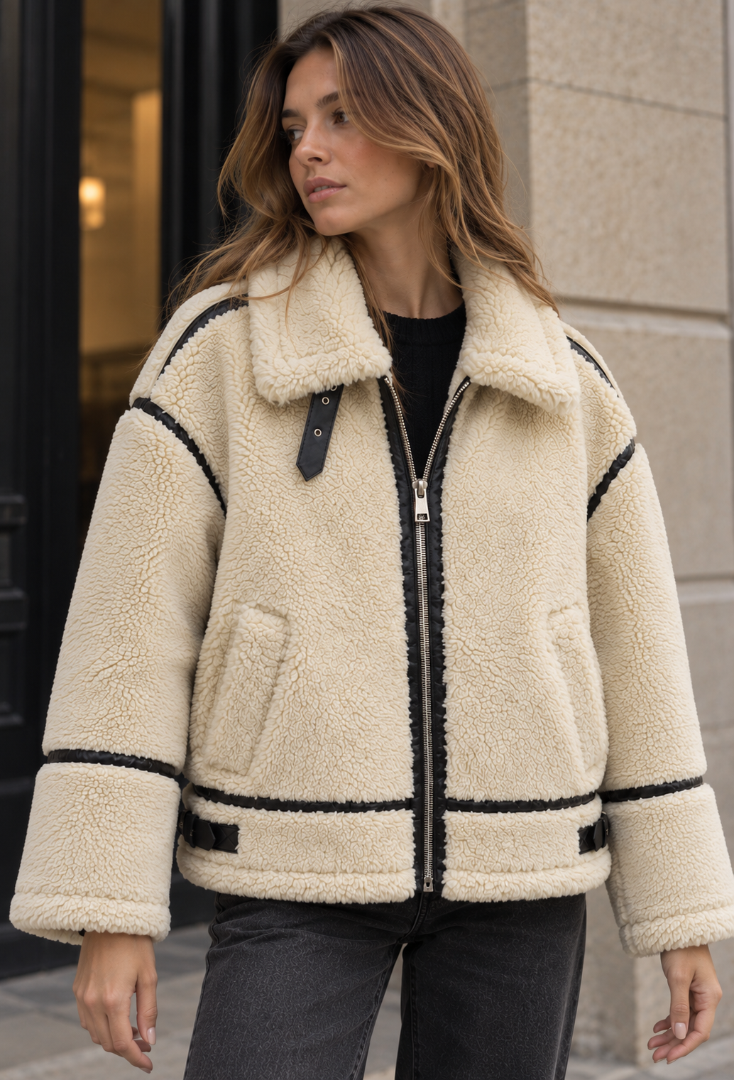 Cazadora borreguito mujer cremallera ribetes contraste estilo biker otoño - Ottilie