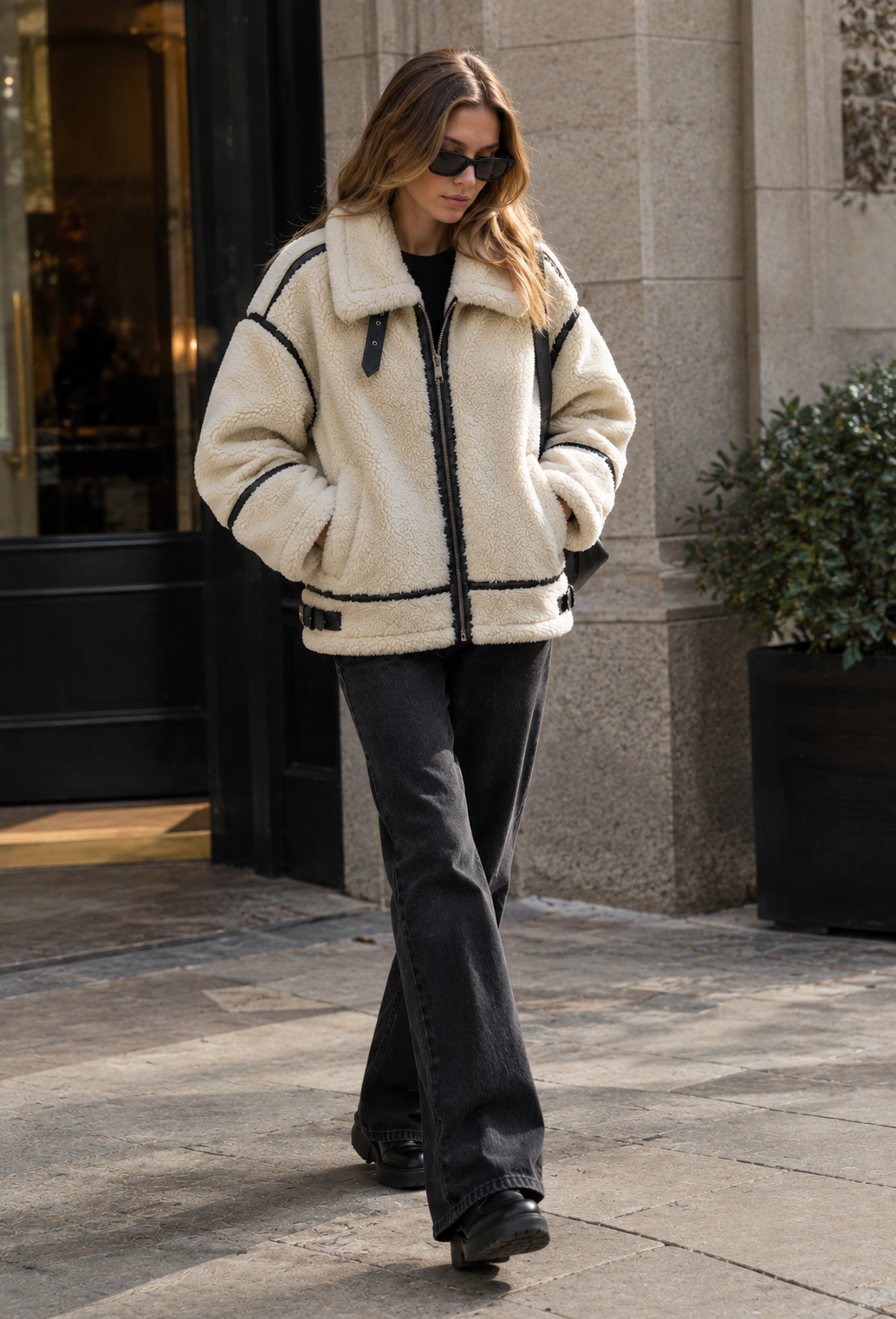 Cazadora borreguito mujer cremallera ribetes contraste estilo biker otoño - Ottilie