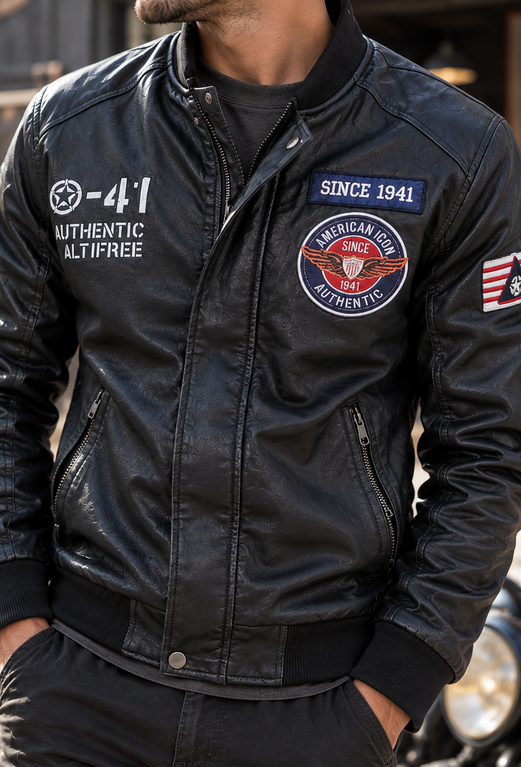 Cazadora bomber hombre efecto piel cuello mao parches bordados estilo aviador - Darian