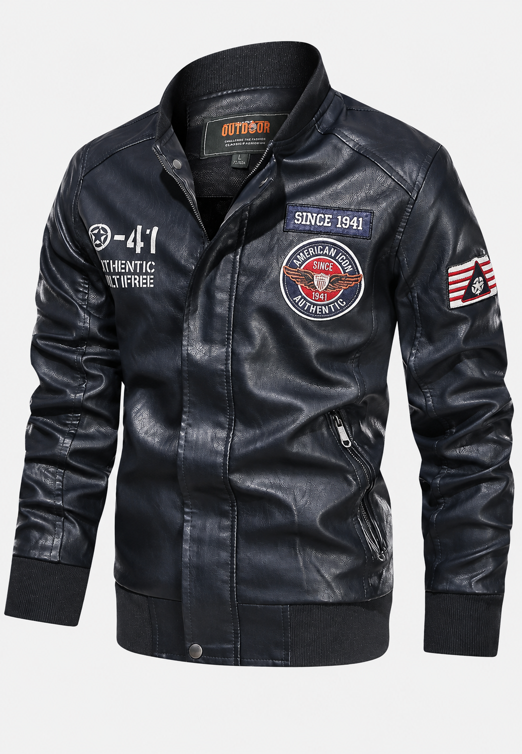 Cazadora bomber hombre efecto piel cuello mao parches bordados estilo aviador - Darian