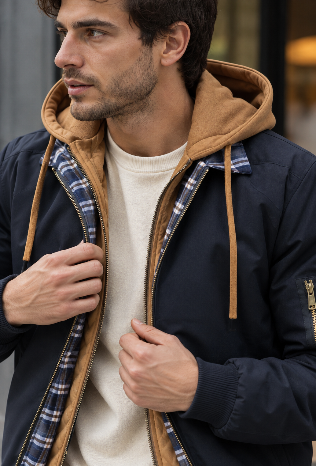 Cazadora bomber hombre acolchada capucha superpuesta interior cuadros urbano - Damián