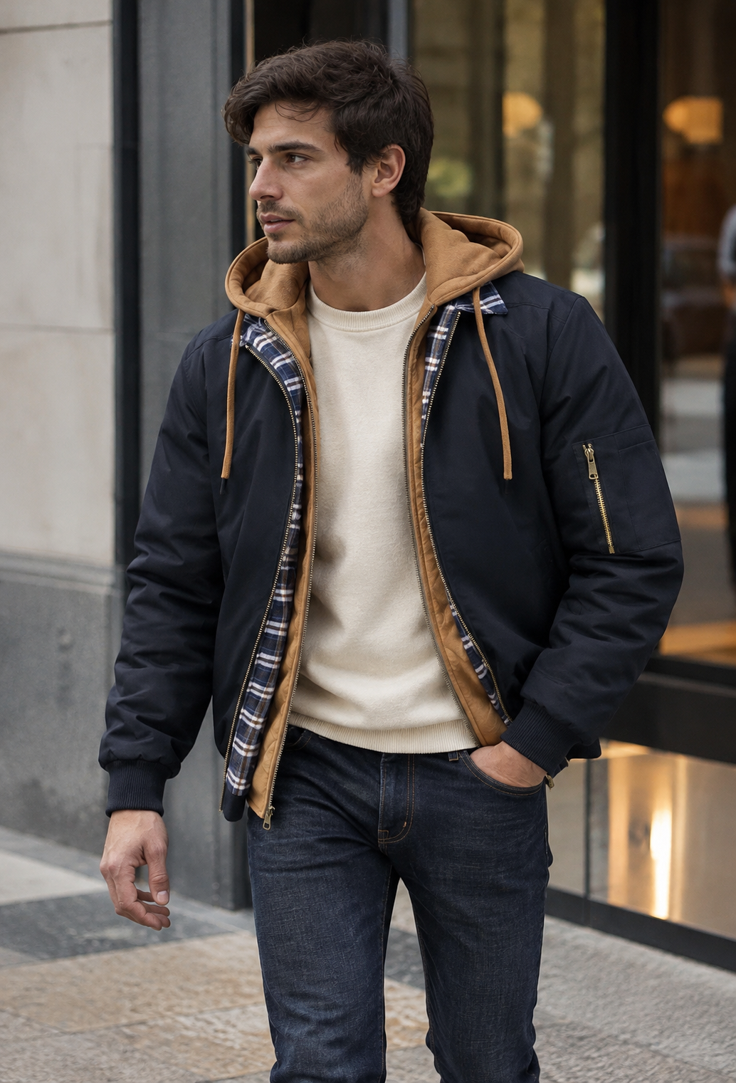 Cazadora bomber hombre acolchada capucha superpuesta interior cuadros urbano - Damián
