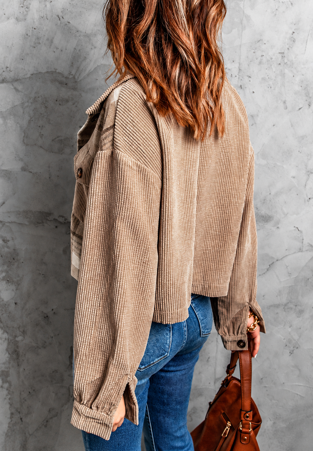 Cazadora cropped mujer pana combinada cuadros contraste texturas otoño - Isaline