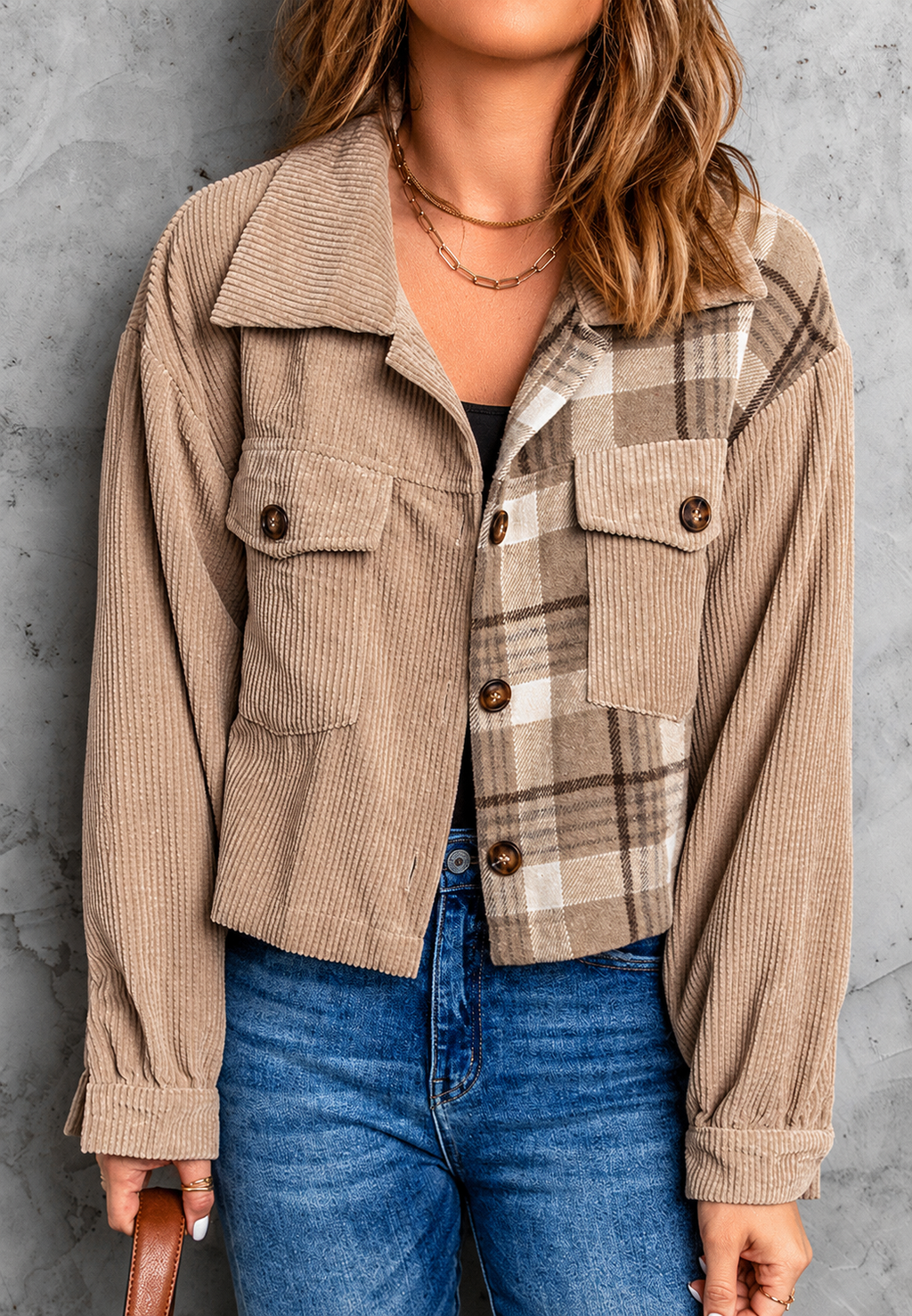 Cazadora cropped mujer pana combinada cuadros contraste texturas otoño - Isaline
