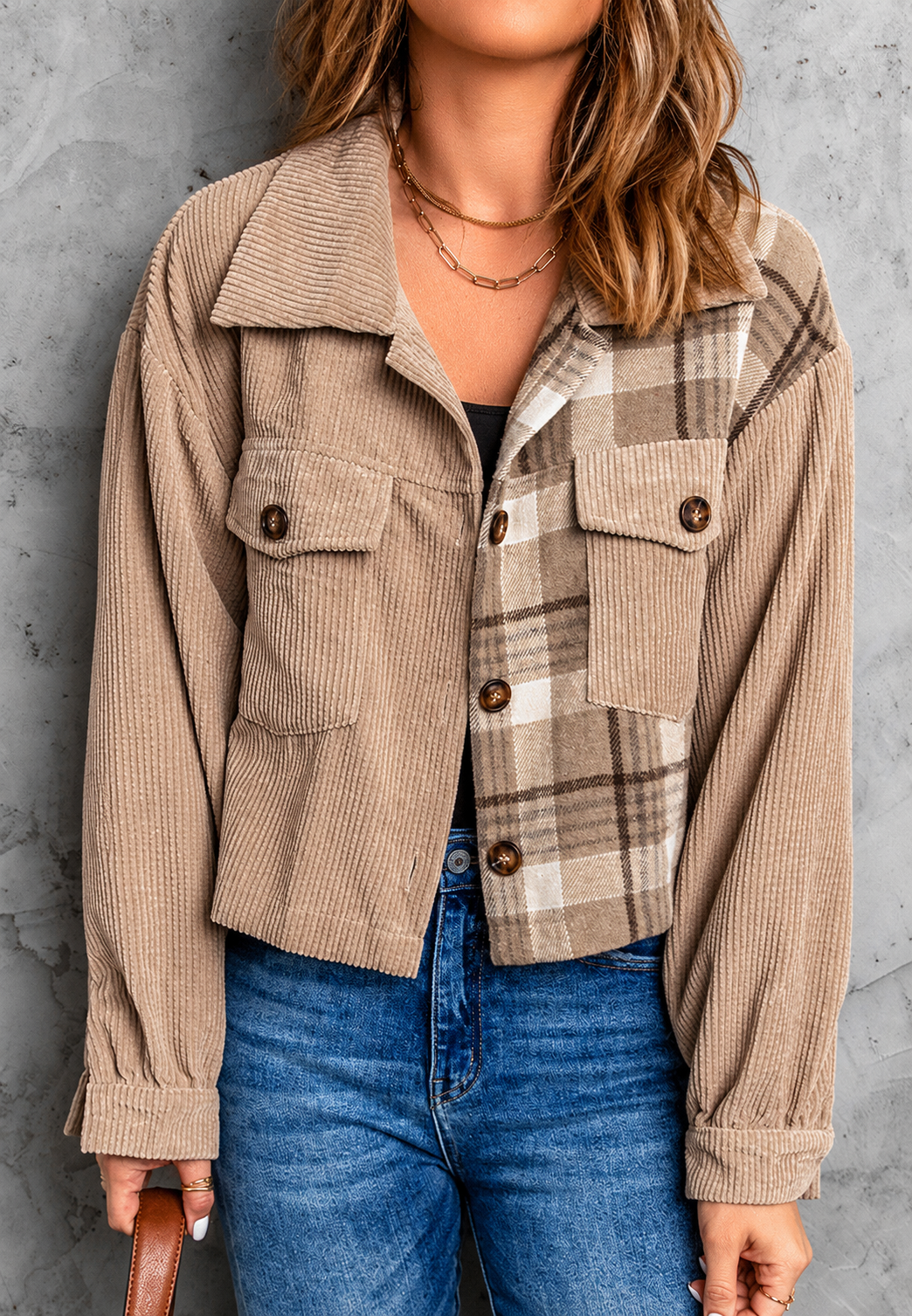 Cazadora cropped mujer pana combinada cuadros contraste texturas otoño - Isaline