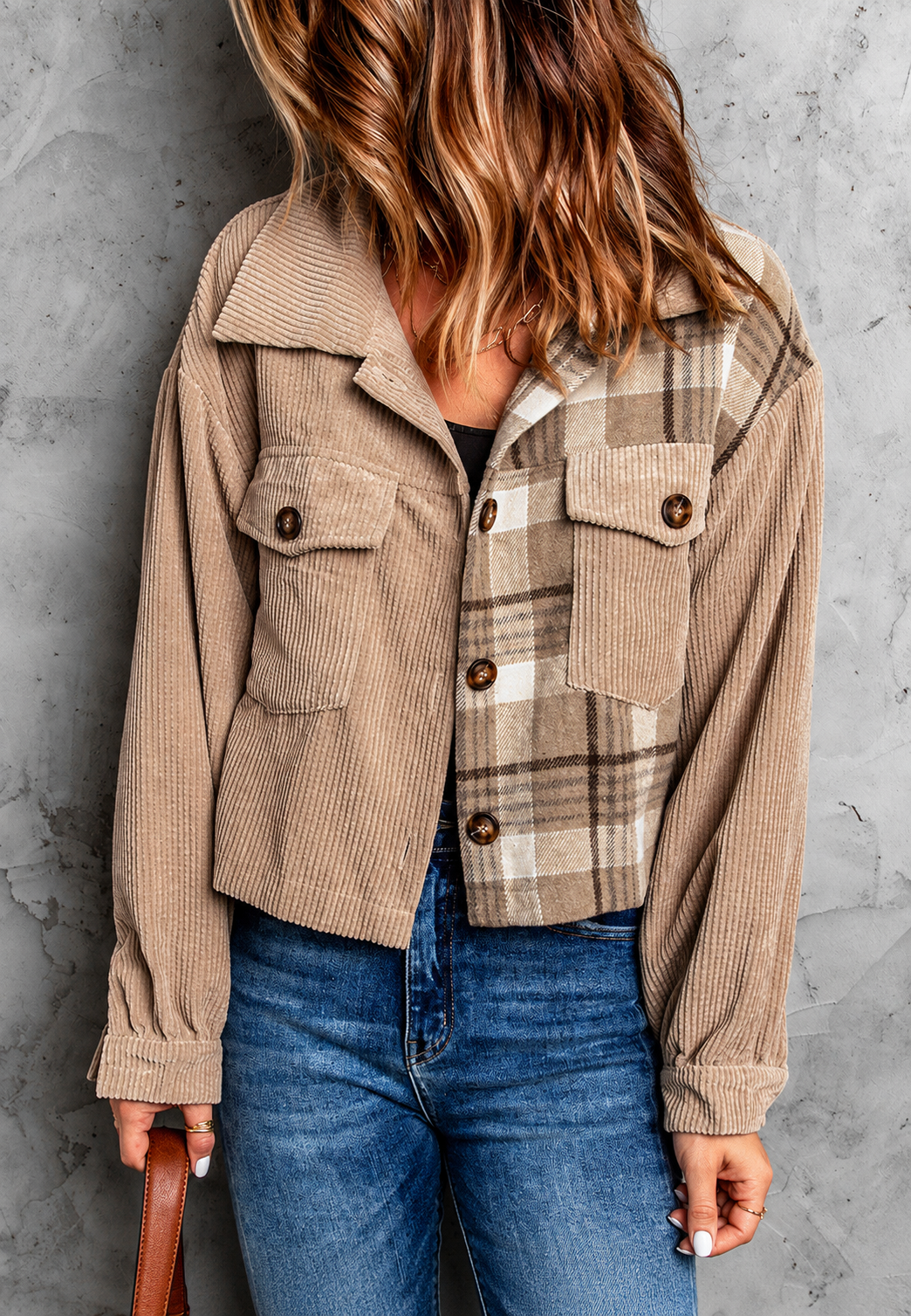 Cazadora cropped mujer pana combinada cuadros contraste texturas otoño - Isaline