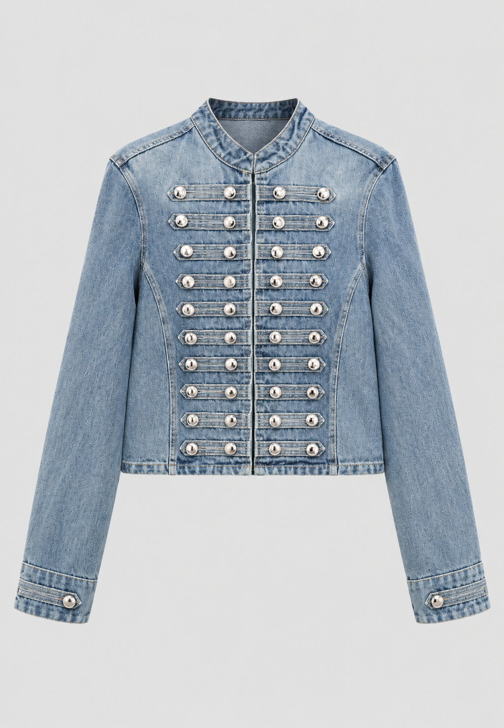 Cazadora denim mujer corta cuello mao botones metálicos vaquera tiro alto - Apolline