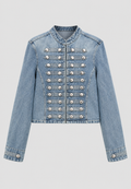 Cazadora denim mujer corta cuello mao botones metálicos vaquera tiro alto - Apolline