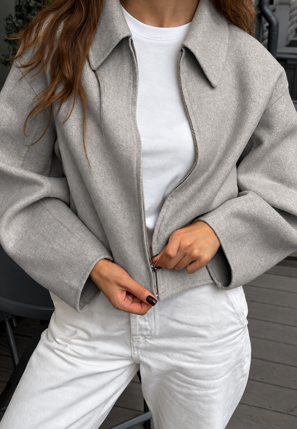 Cazadora corta mujer efecto paño cuello camisero corte amplio largo cintura - Maura