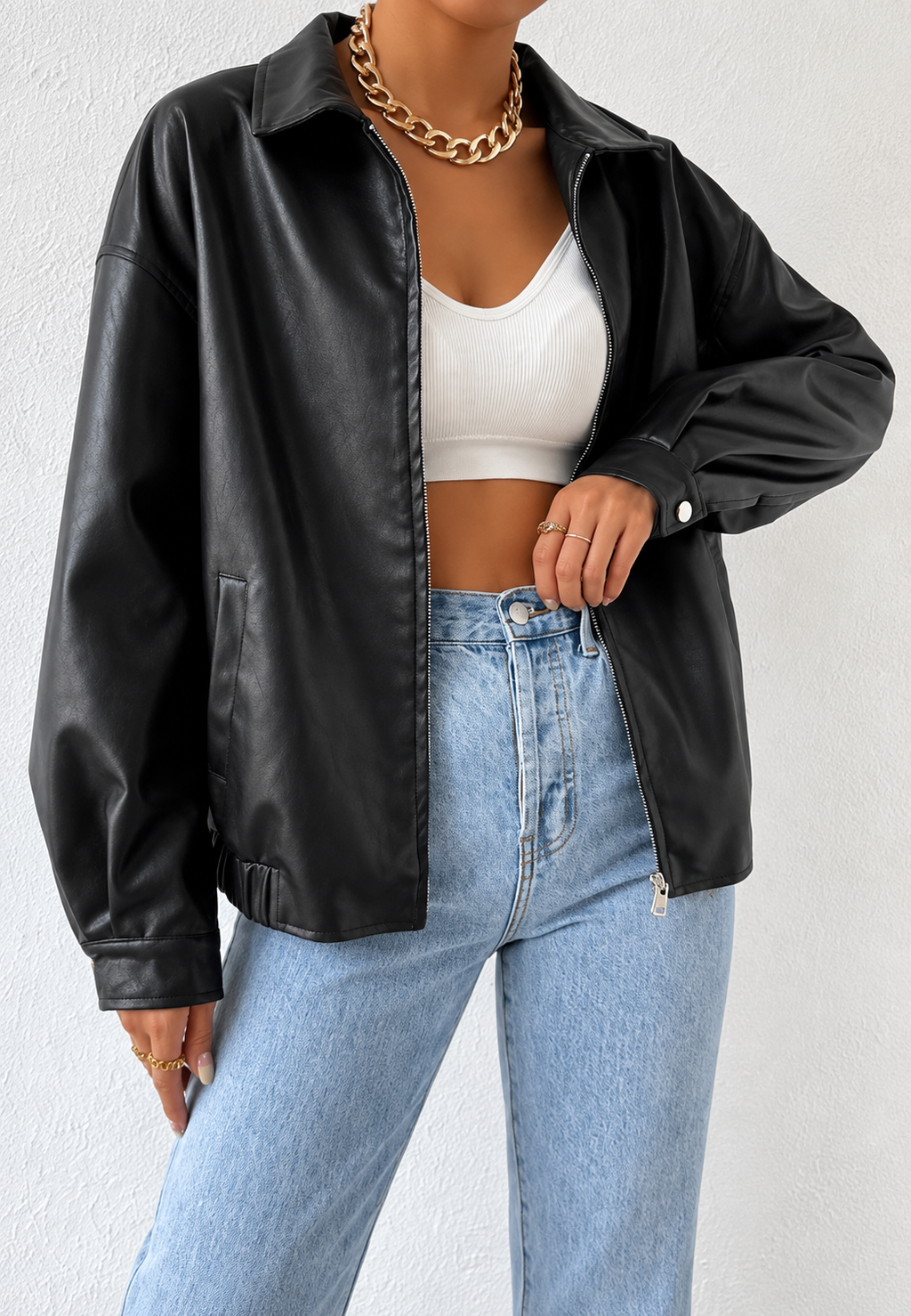Cazadora mujer efecto piel cremallera cuello camisero corte amplio otoño - Aroa