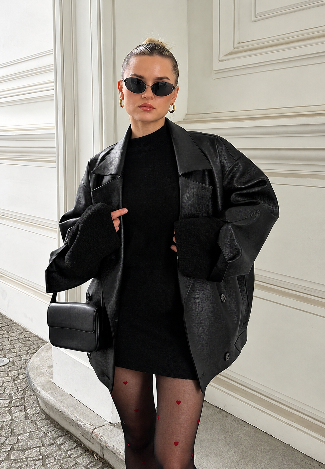 Cazadora mujer efecto piel oversize doble botonadura solapas anchas cadera - Dalia