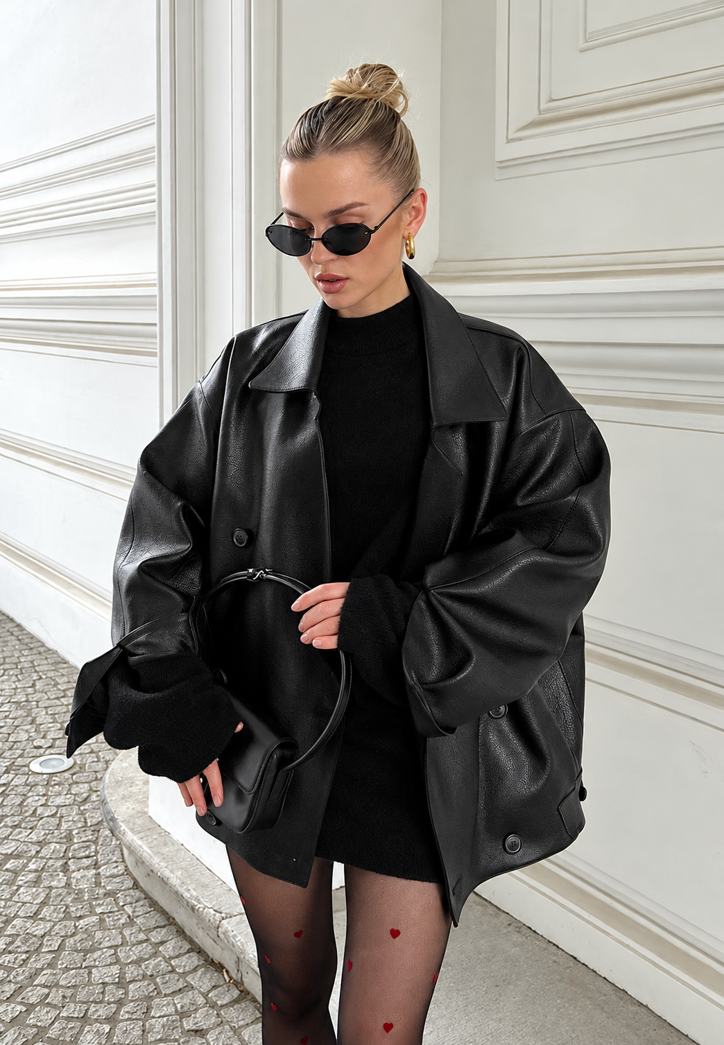Cazadora mujer efecto piel oversize doble botonadura solapas anchas cadera - Dalia