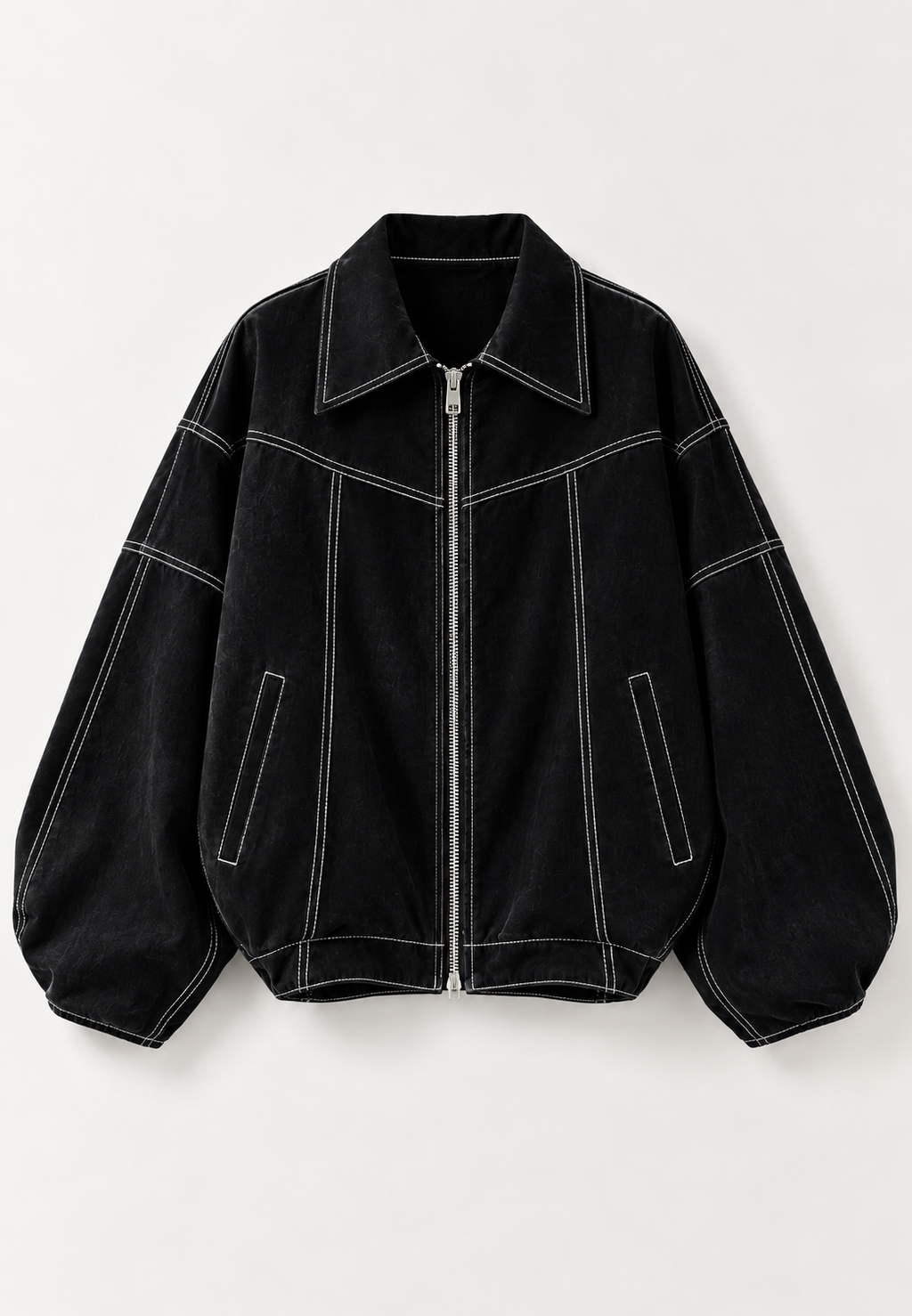 Cazadora mujer oversize efecto ante pespuntes contraste cremallera otoño - Vela