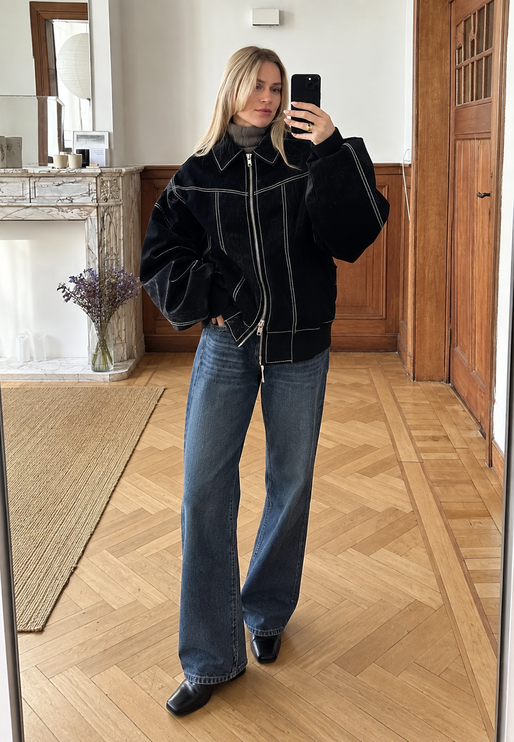 Cazadora mujer oversize efecto ante pespuntes contraste cremallera otoño - Vela
