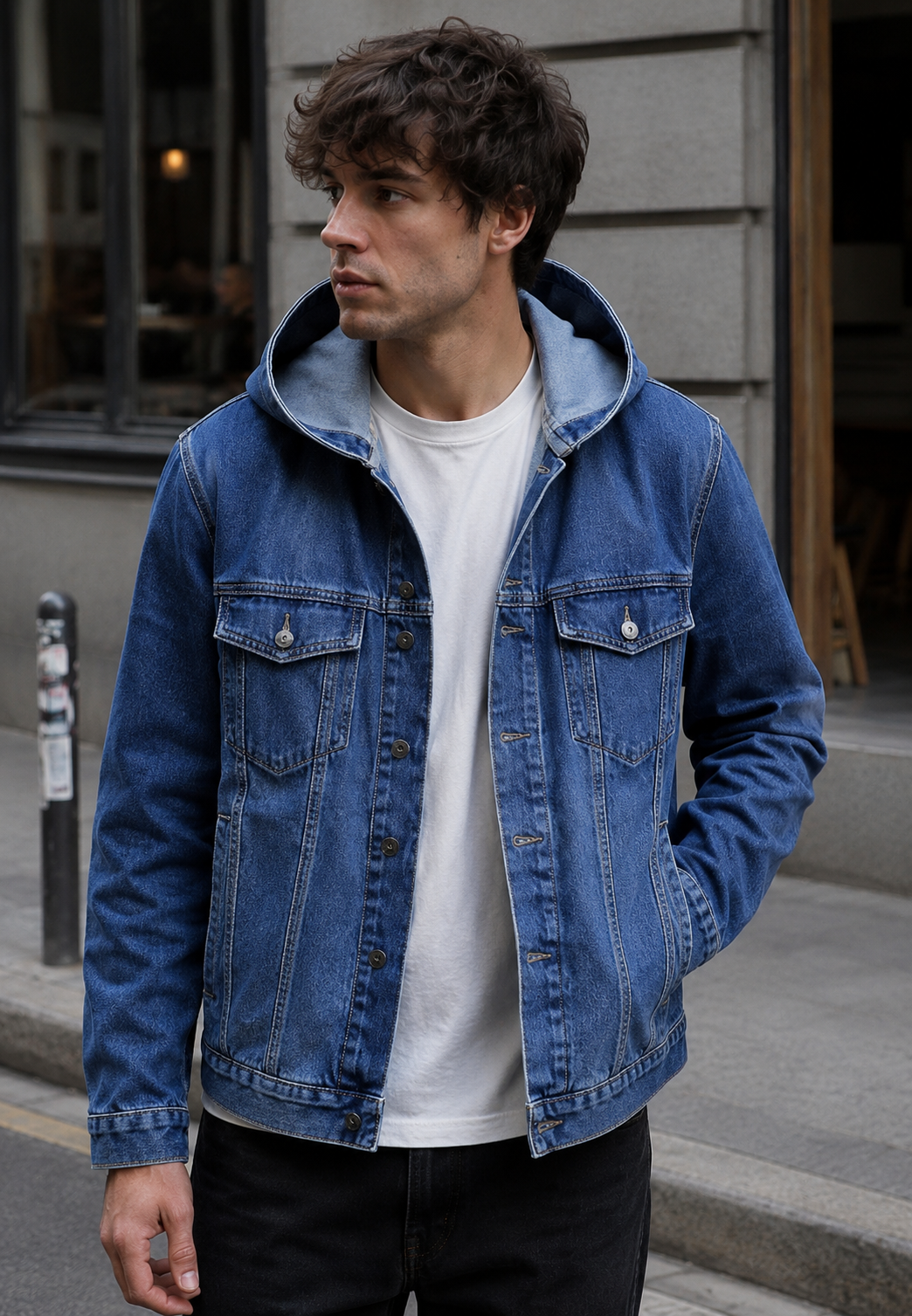 Cazadora vaquera hombre capucha efecto lavado denim casual otoño botones - Bennett