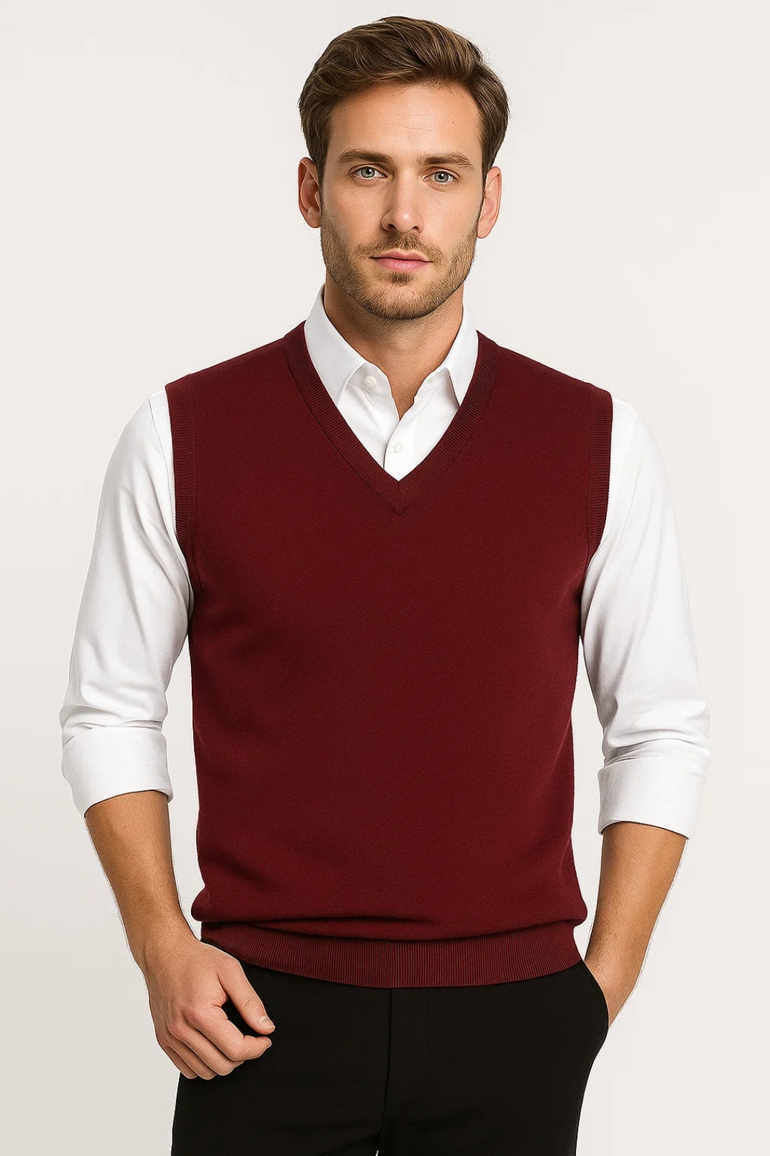 Chaleco punto hombre cuello pico acabado acanalado sin mangas capas versátil - Blaise