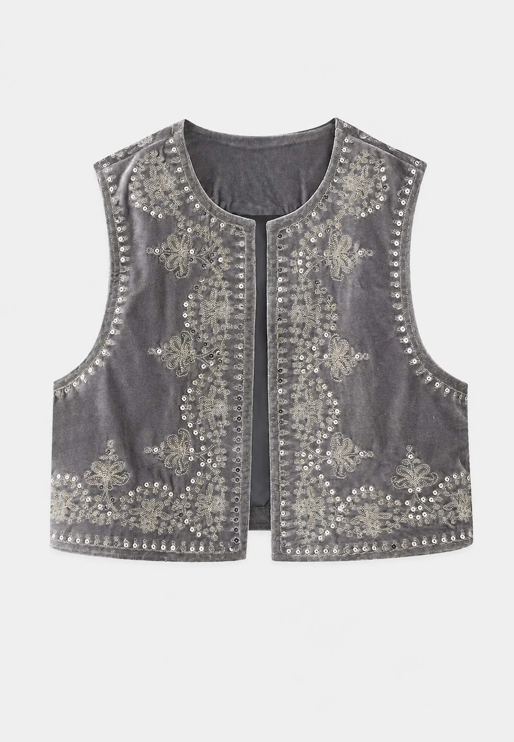 Chaleco mujer terciopelo bordado floral cuello redondo corte recto elegante - Celina