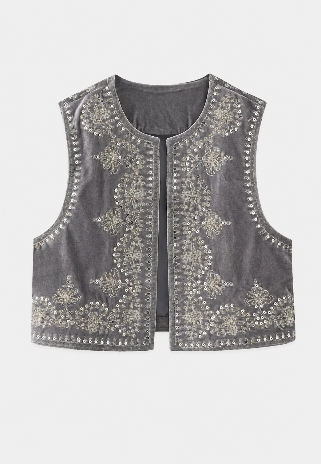 Chaleco mujer terciopelo bordado floral cuello redondo corte recto elegante - Celina